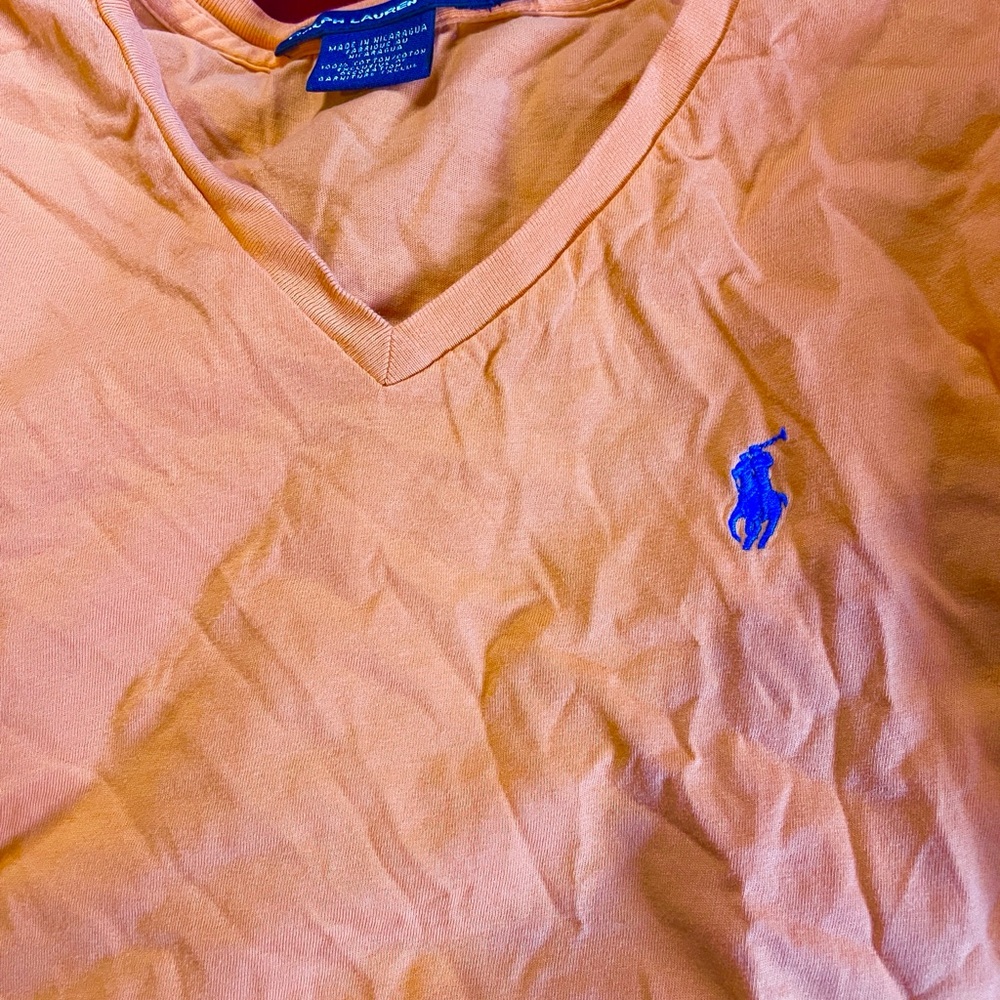 Ralph Lauren Orange V-Neck Tee with Blue Logo